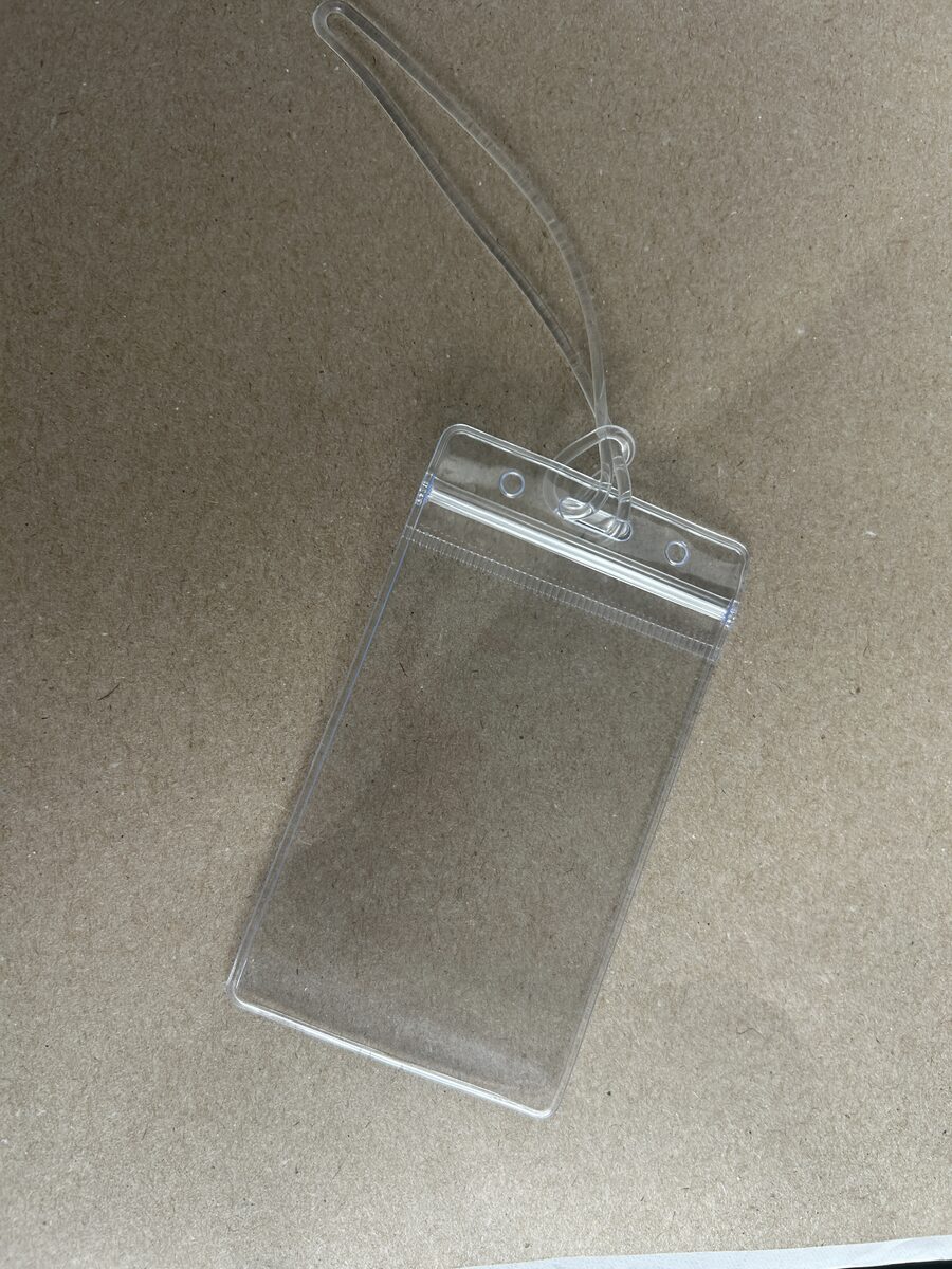 Clear vinyl backpack identity tag pouch with strap